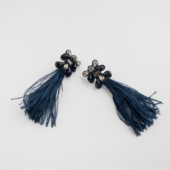 Stella & Dot Navy French Twist Feather Earrings Crystal Rhinestone Drop Dangle - Picture 3 of 10